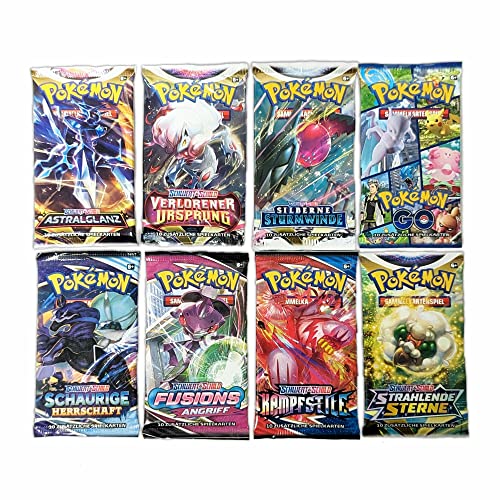 A 5 gemischte Pokemon Booster Packs – insgesamt 50 Sammelkarten – DEUTSCH + 100 Soft Sleeves