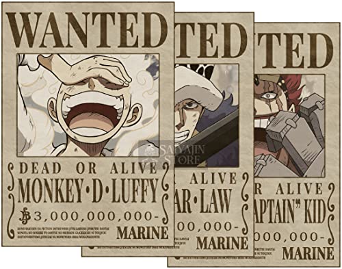 3in1 One Piece Trio Wanted Poster, Monkey D. Luffy Trafalgar Law Eustass Kid 297 x 420 mm Matt