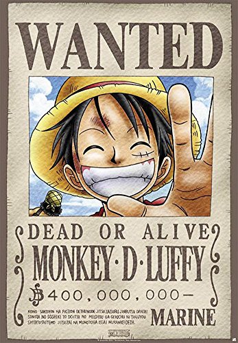 One Piece Poster Wanted Monkey D. Luffy (68cm x 98cm) + 2 schwarze Posterleisten mit Aufhängung