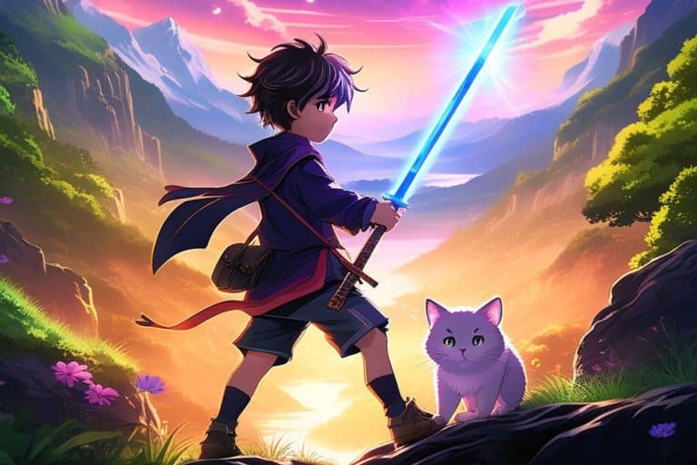 Politisch unbedenkliche Anime boy junge mit Schwert und Katze